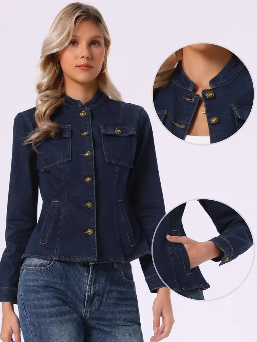 Women's Deep Blue Stand Collar Long Sleeve Denim Jackets Flap Chest Pockets